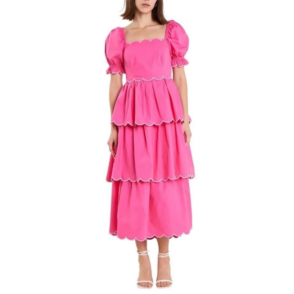 Pink Tea Party Tiered Scallop Maxi Dress | Size Small | Brand New Msrp $185